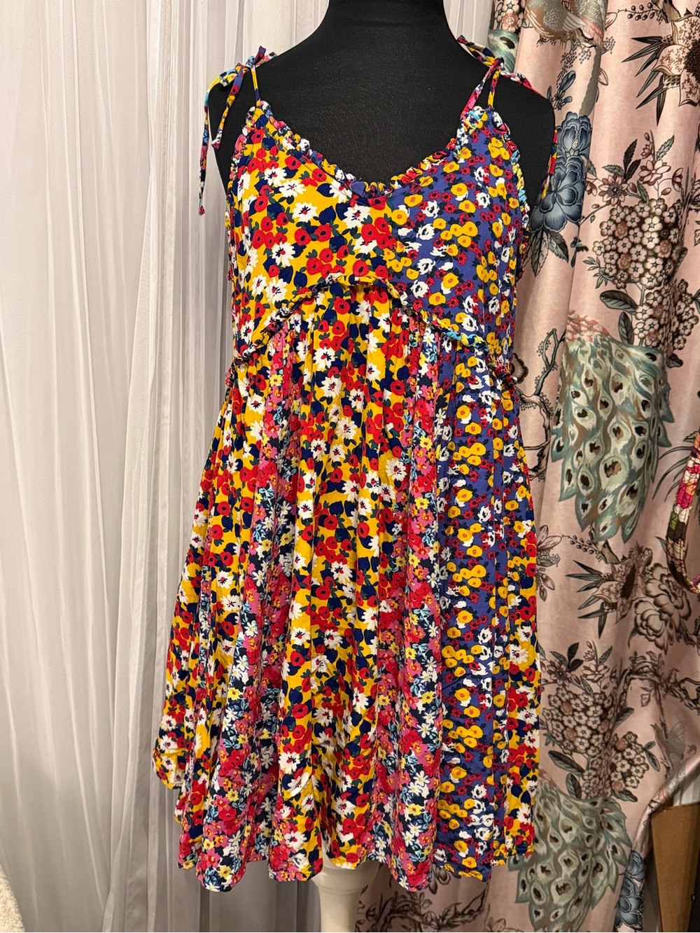 Patrons of Peace Floral Ruffled Neck Dress in Yellow, Red & Blue